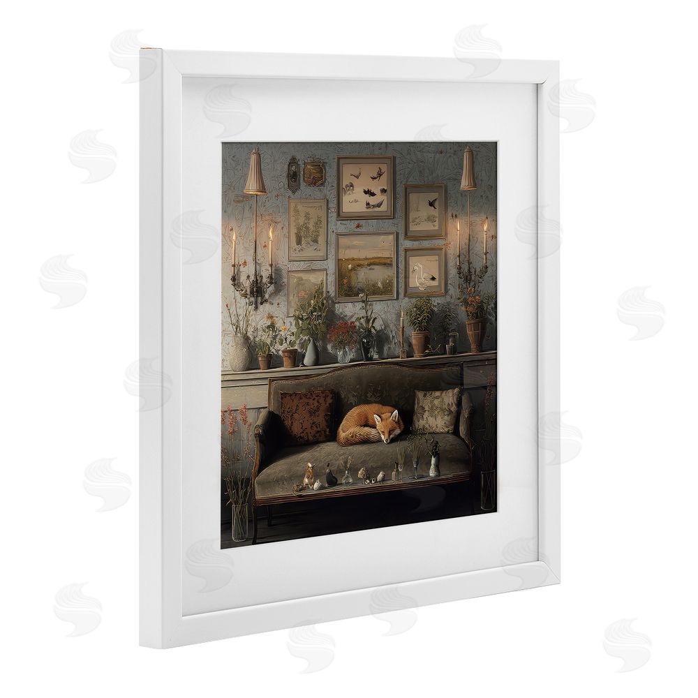 The Wands Want Fox on Antique Sofa White Framed Print Under Glass Wall Art