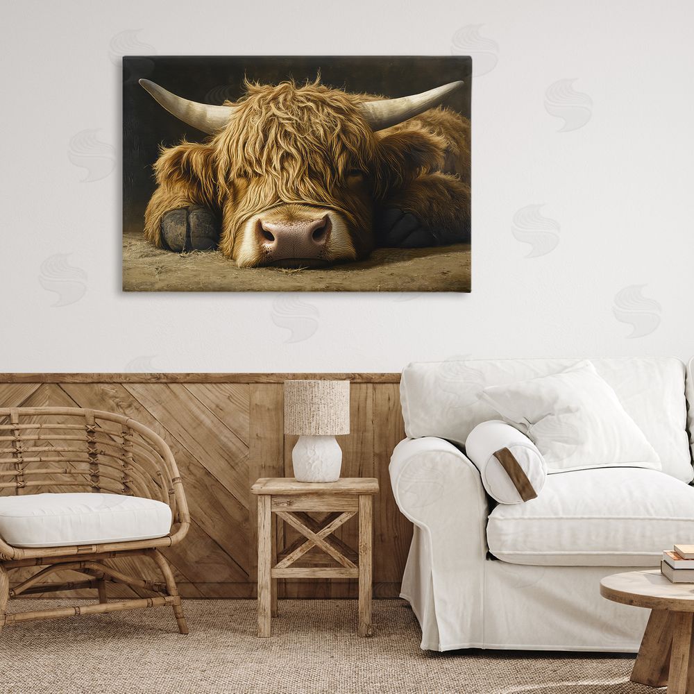 The Wands Want Sleeping Highland Cow & Hoof Stretched Canvas Wall Art in Room