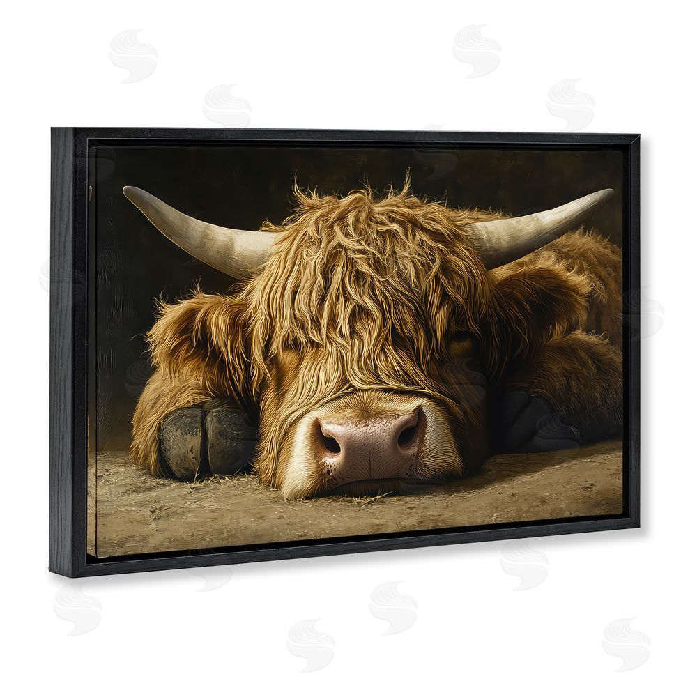 The Wands Want Sleeping Highland Cow & Hoof Black Floating Frame Canvas Wall Art Print