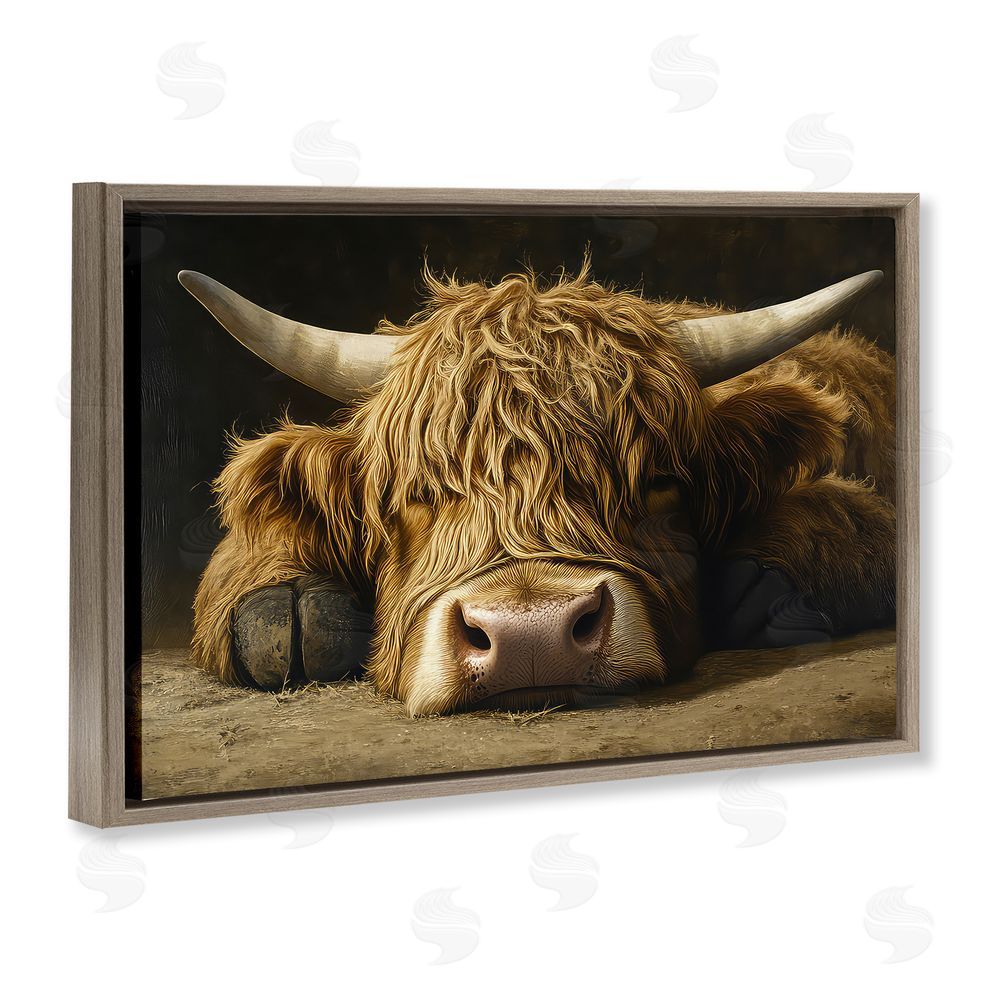 The Wands Want Sleeping Highland Cow & Hoof Brown Floating Frame Canvas Wall Art Print