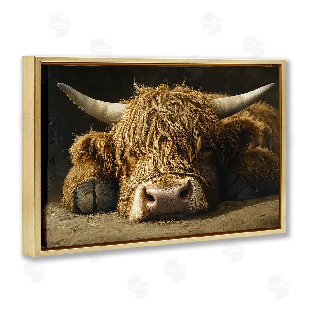 The Wands Want Sleeping Highland Cow & Hoof Gold Floating Frame Canvas Wall Art Print