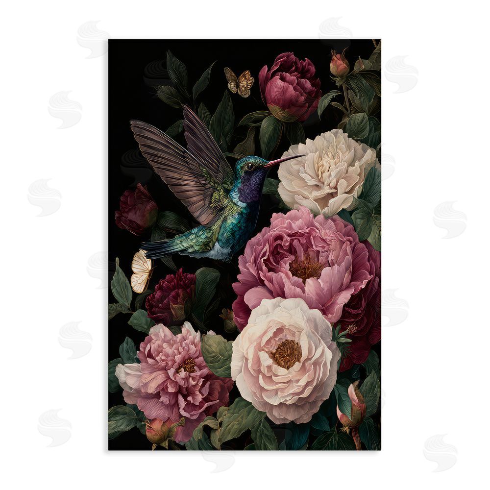 The Wands Want Hummingbird & Lush Peonies Stretched Canvas Wall Art Print