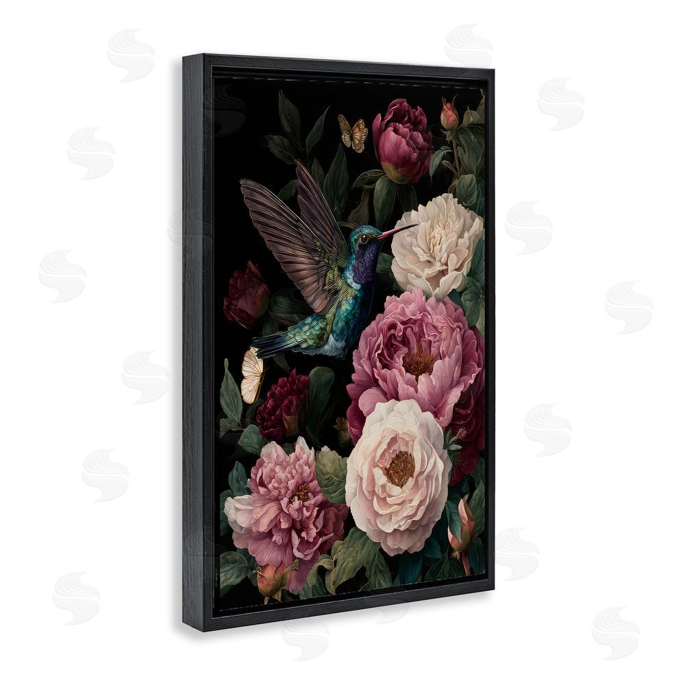 The Wands Want Hummingbird & Lush Peonies Black Floating Frame Canvas Wall Art Print