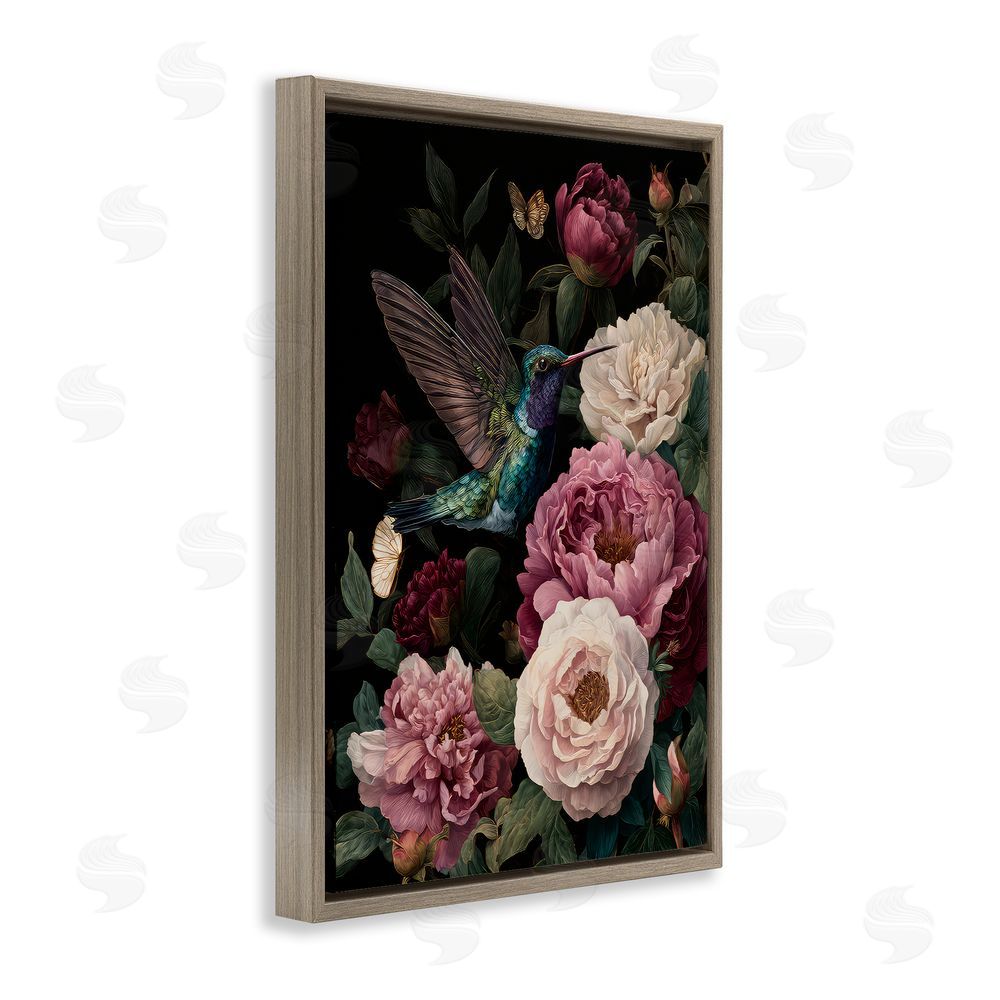 The Wands Want Hummingbird & Lush Peonies Brown Floating Frame Canvas Wall Art Print