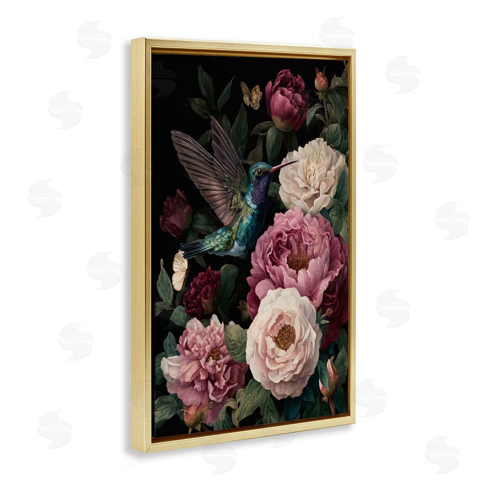 The Wands Want Hummingbird & Lush Peonies Gold Floating Frame Canvas Wall Art Print