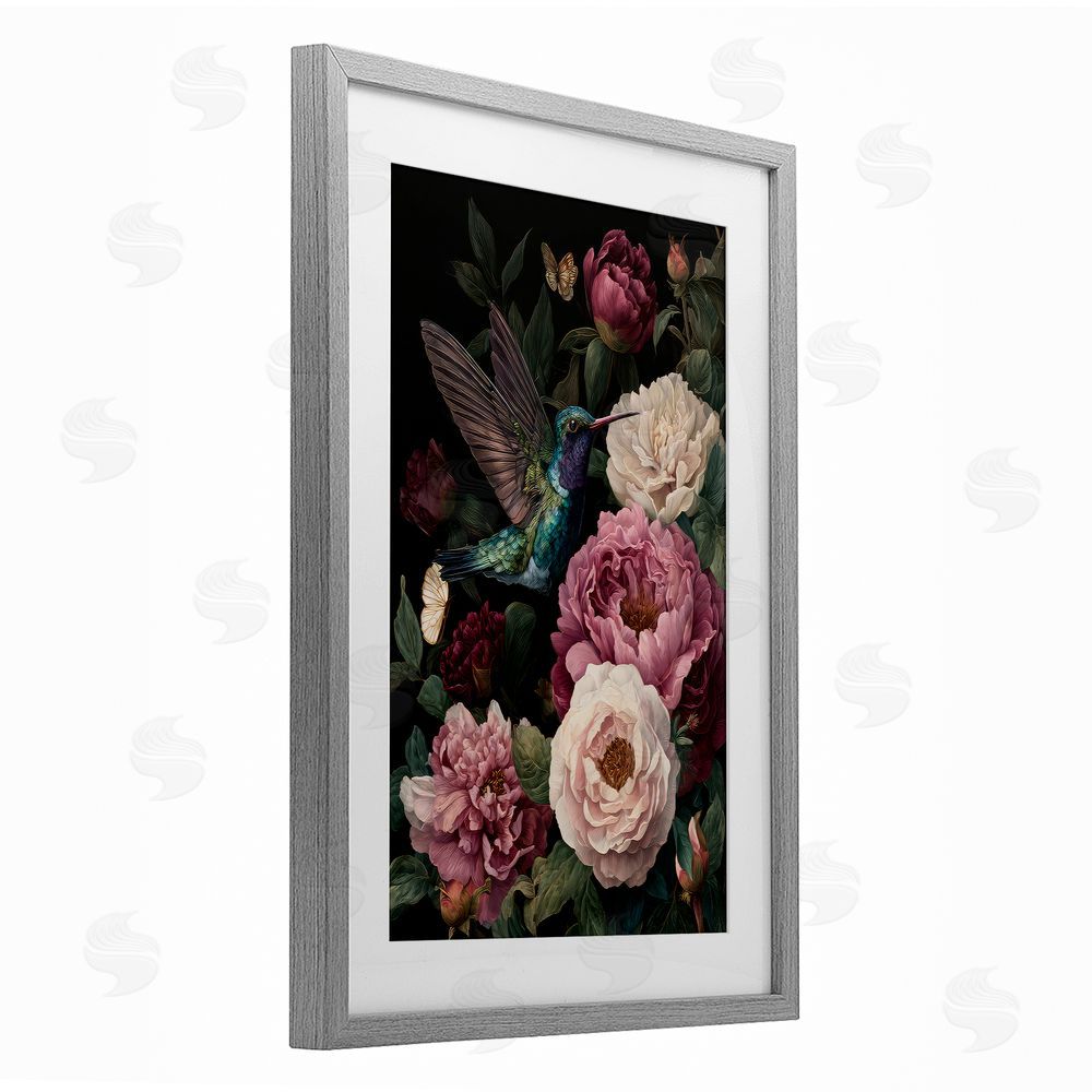 The Wands Want Hummingbird & Lush Peonies Gray Framed Print Under Glass Wall Art