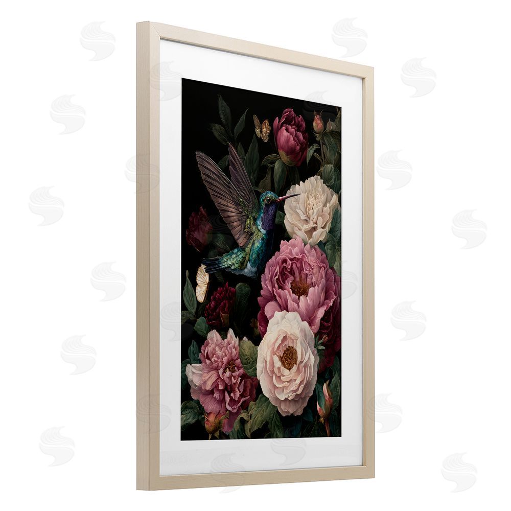 The Wands Want Hummingbird & Lush Peonies Brown Framed Print Under Glass Wall Art