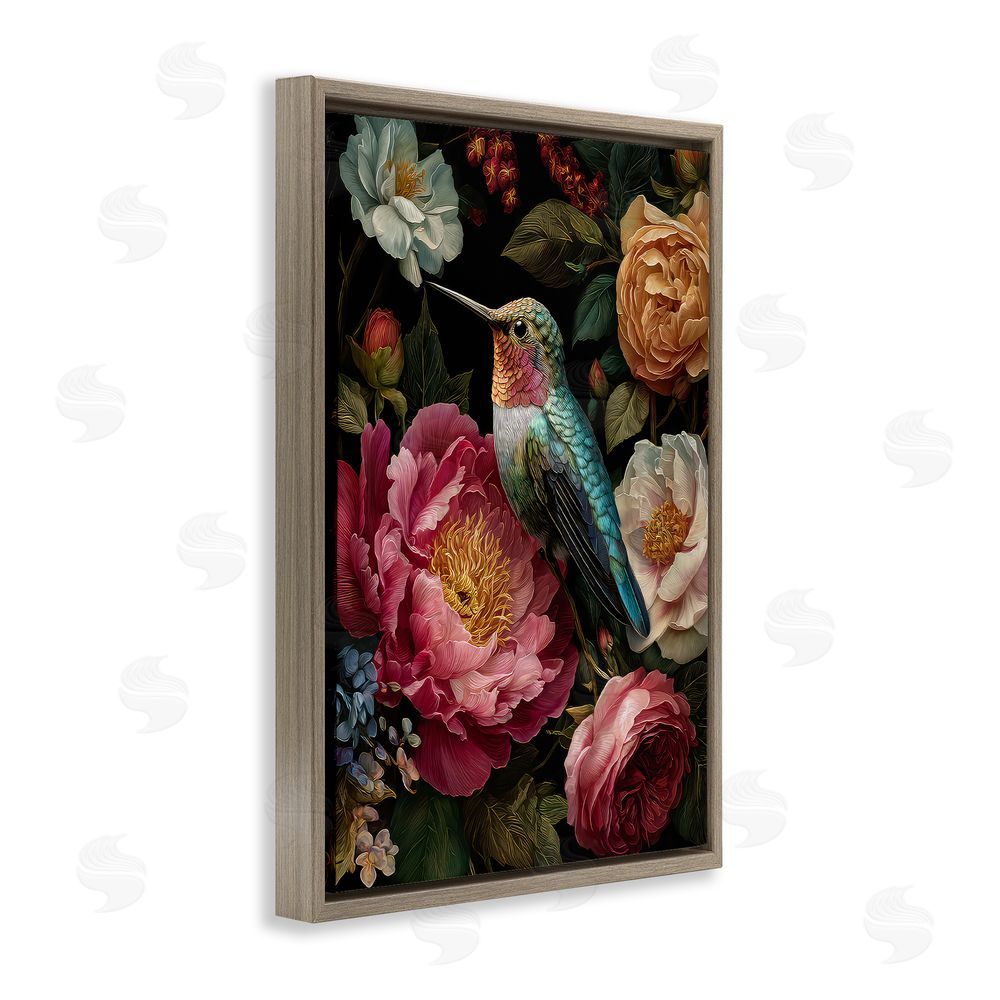 The Wands Want Hummingbird & Lush Blooms Brown Floating Frame Canvas Wall Art Print