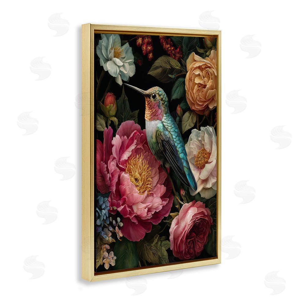 The Wands Want Hummingbird & Lush Blooms Gold Floating Frame Canvas Wall Art Print