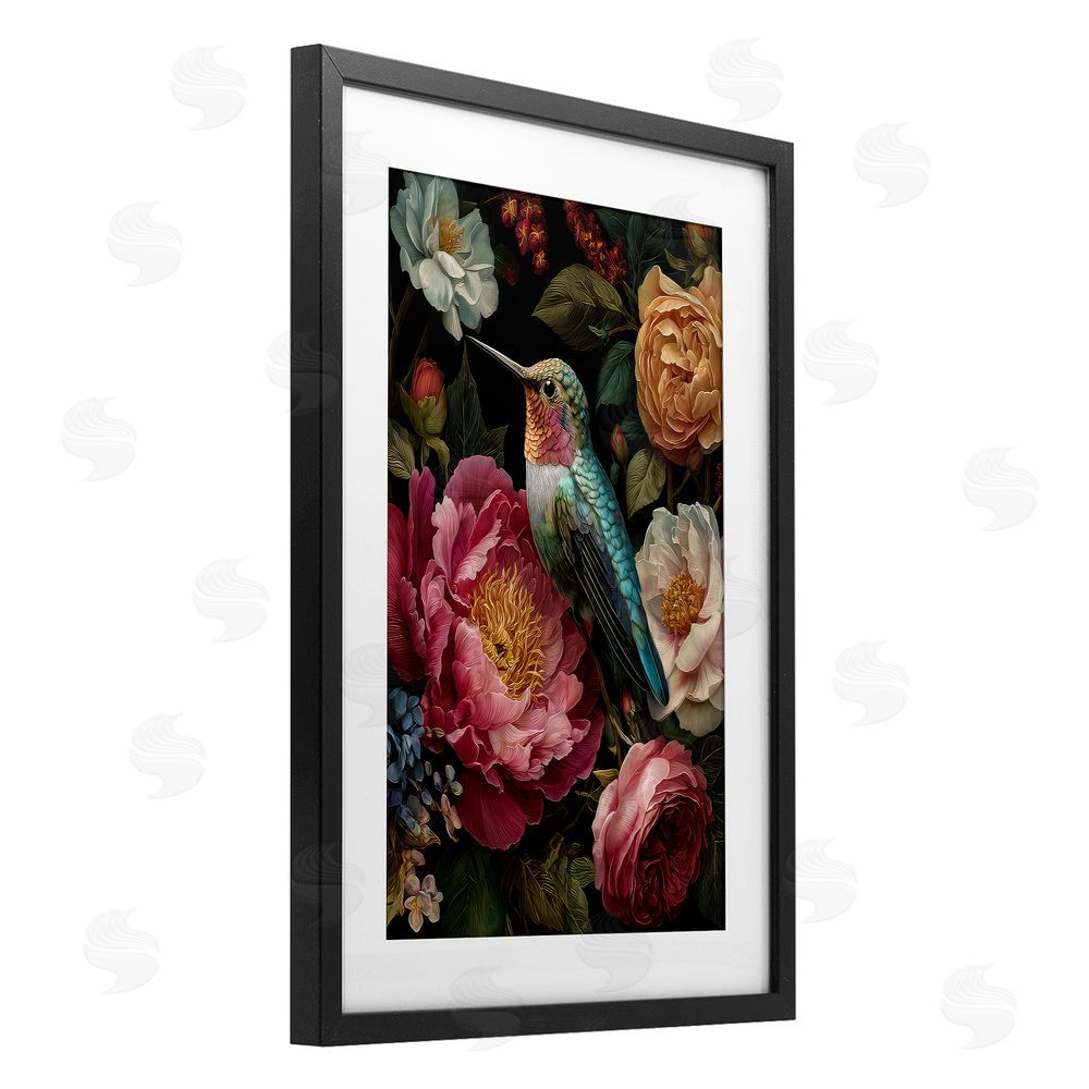 The Wands Want Hummingbird & Lush Blooms Black Framed Print Under Glass Wall Art