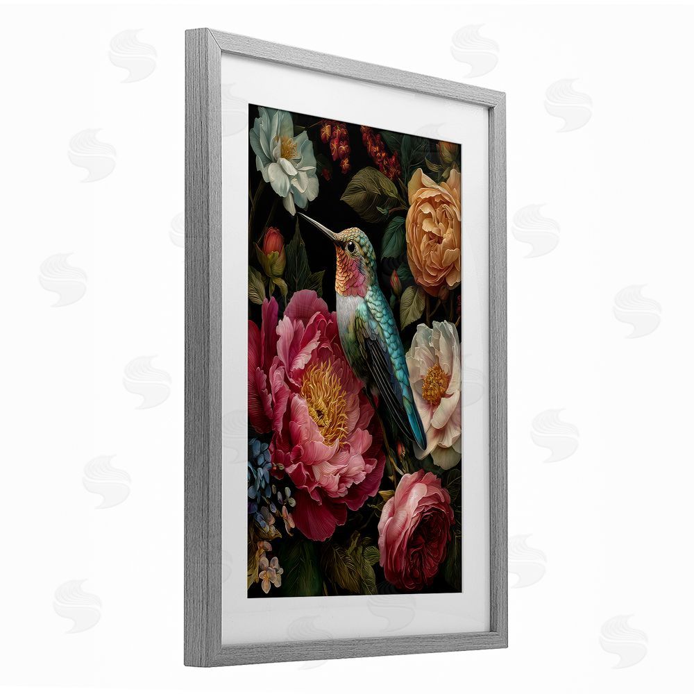 The Wands Want Hummingbird & Lush Blooms Gray Framed Print Under Glass Wall Art