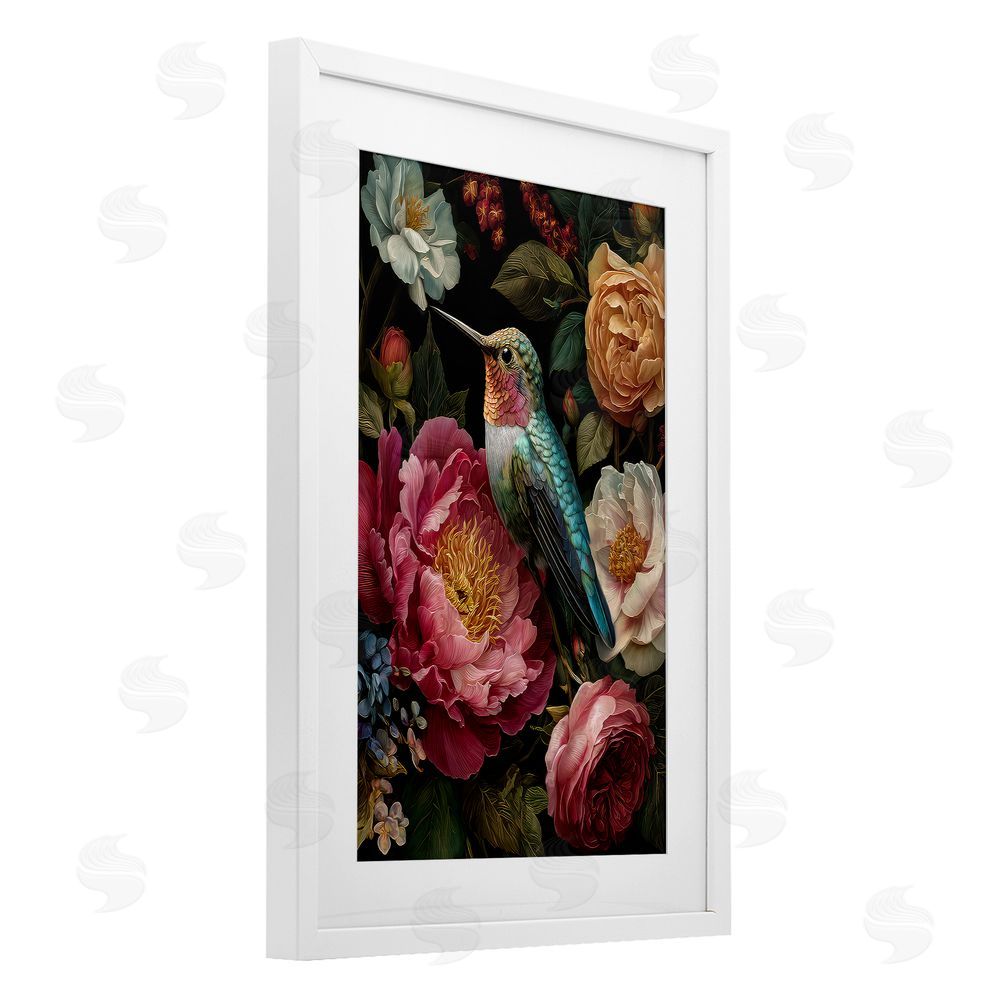 The Wands Want Hummingbird & Lush Blooms White Framed Print Under Glass Wall Art