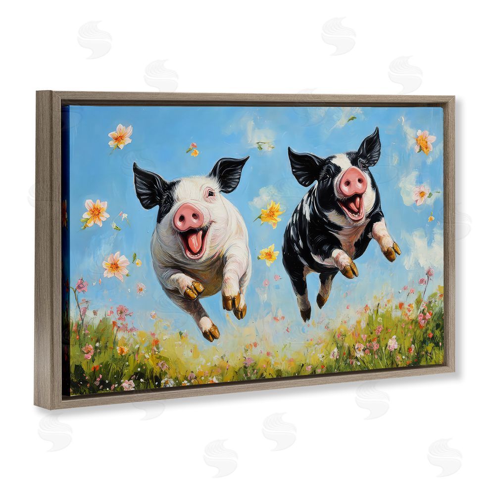 The Wands Want Flying Pigs & Flowers Brown Floating Frame Canvas Wall Art Print