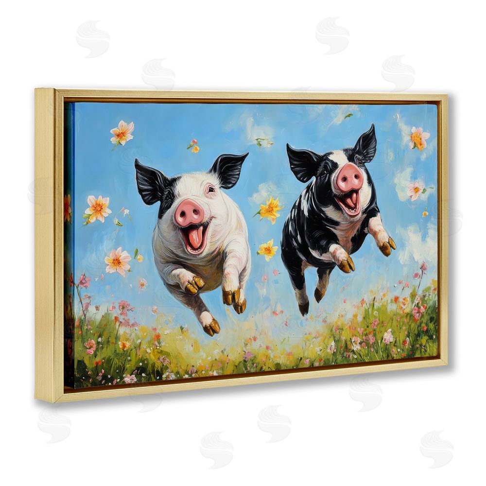 The Wands Want Flying Pigs & Flowers Gold Floating Frame Canvas Wall Art Print