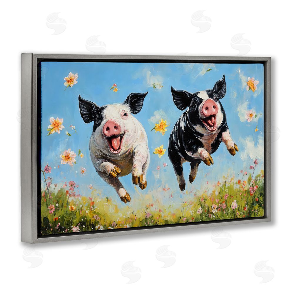 The Wands Want Flying Pigs & Flowers Gray Floating Frame Canvas Wall Art Print