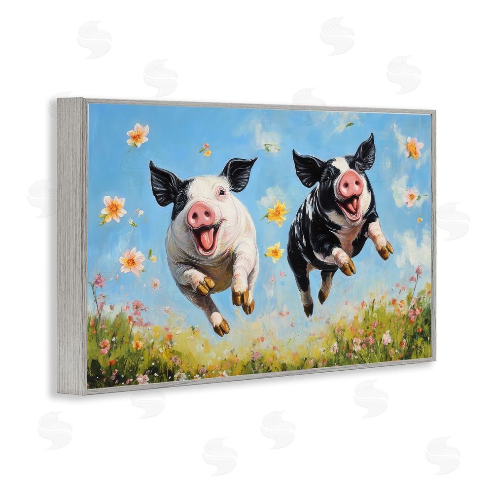 The Wands Want Flying Pigs & Flowers Gray Framed Giclee Wall Art Print