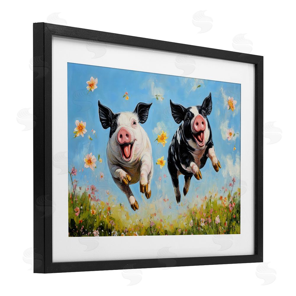 The Wands Want Flying Pigs & Flowers Black Framed Print Under Glass Wall Art