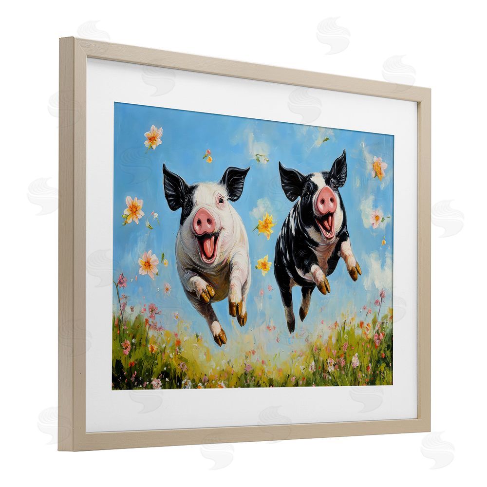 The Wands Want Flying Pigs & Flowers Brown Framed Print Under Glass Wall Art