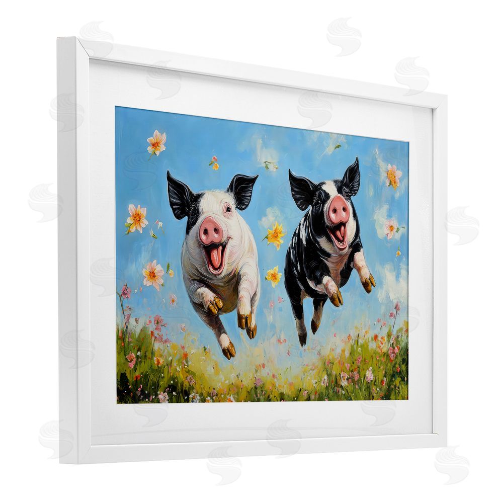 The Wands Want Flying Pigs & Flowers White Framed Print Under Glass Wall Art