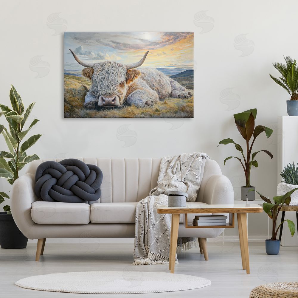 The Wands Want Sleeping Highland Cow Pastoral Stretched Canvas Wall Art in Room