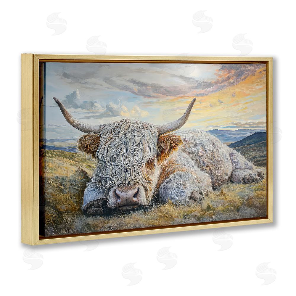 The Wands Want Sleeping Highland Cow Pastoral Gold Floating Frame Canvas Wall Art Print