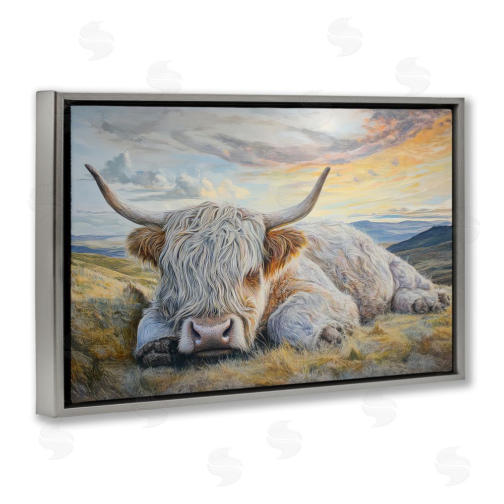 The Wands Want Sleeping Highland Cow Pastoral Gray Floating Frame Canvas Wall Art Print
