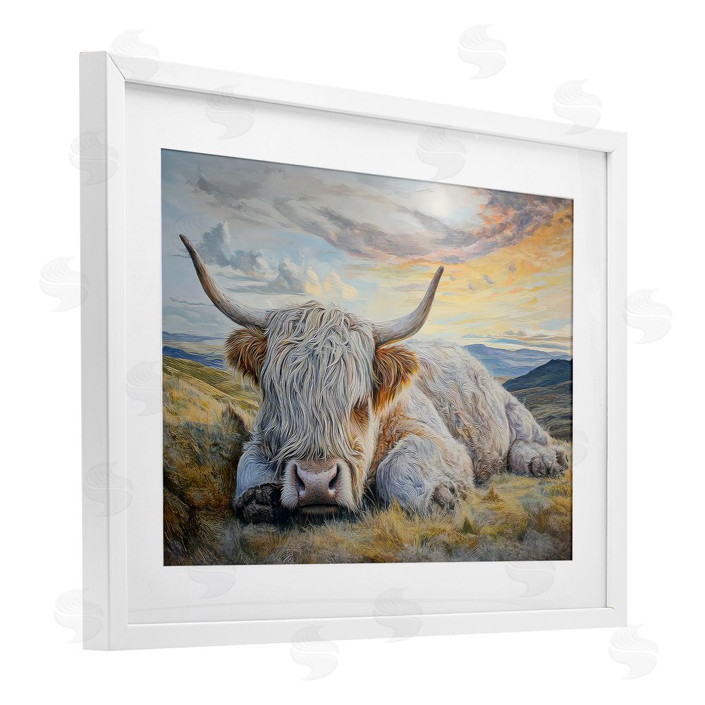 The Wands Want Sleeping Highland Cow Pastoral White Framed Print Under Glass Wall Art