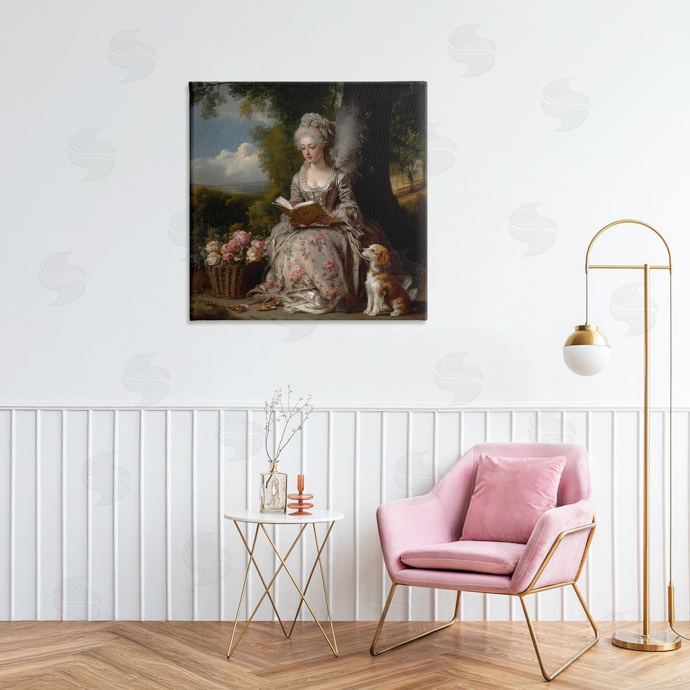 The Wands Want Rococo Lady with Dog Stretched Canvas Wall Art in Room