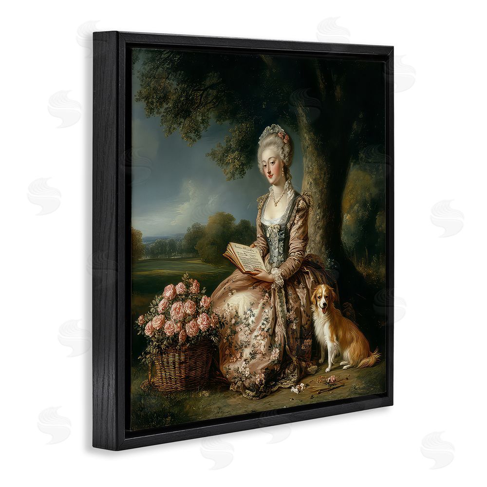 The Wands Want Rococo Woman with Dog Black Floating Frame Canvas Wall Art Print