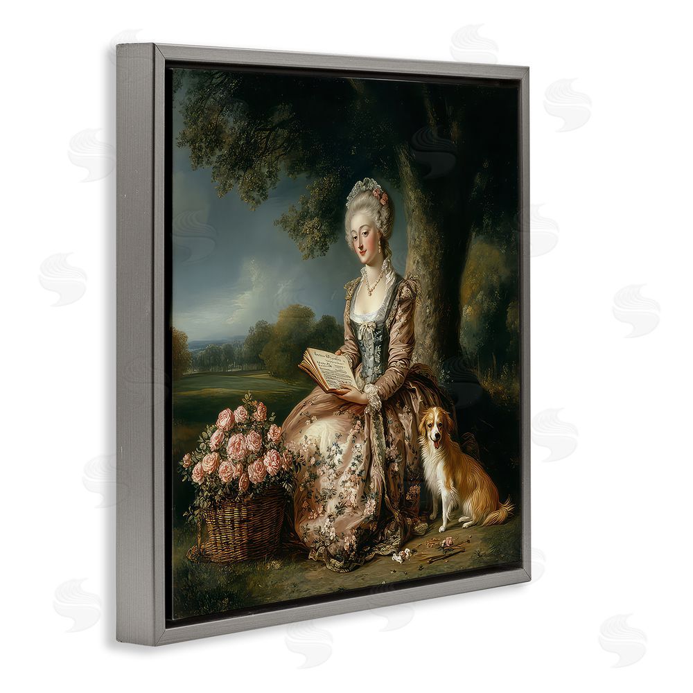 The Wands Want Rococo Woman with Dog Gray Floating Frame Canvas Wall Art Print