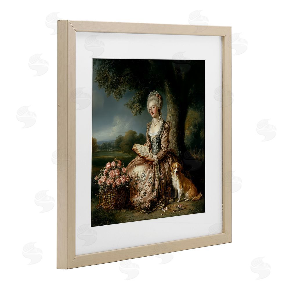 The Wands Want Rococo Woman with Dog Brown Framed Print Under Glass Wall Art