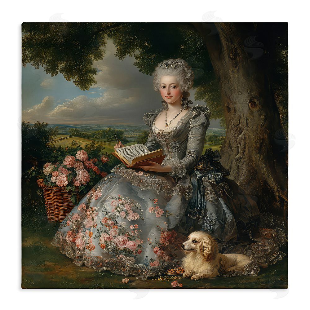 The Wands Want Reading Rococo Lady with Dog Stretched Canvas Wall Art Print