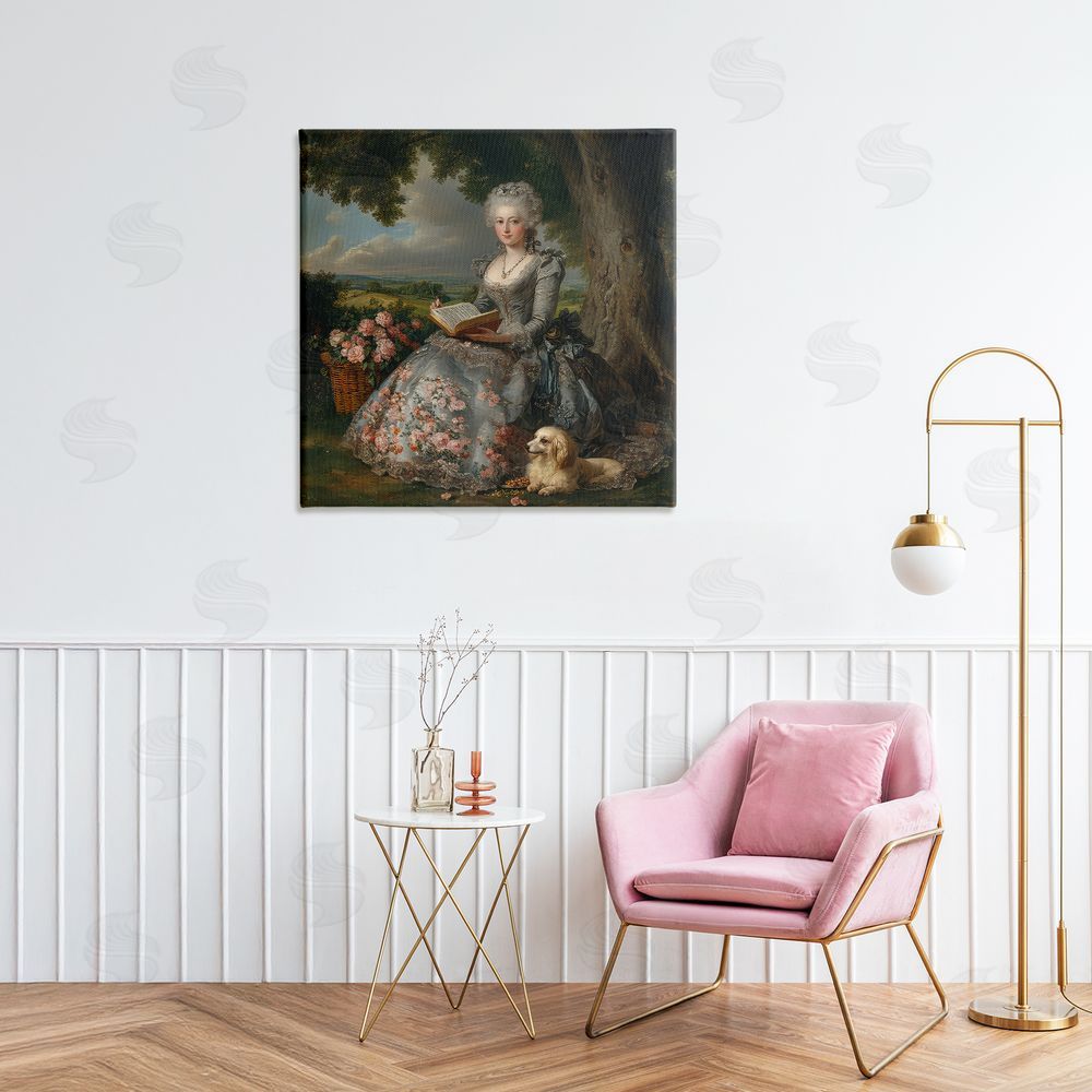 The Wands Want Reading Rococo Lady with Dog Stretched Canvas Wall Art in Room