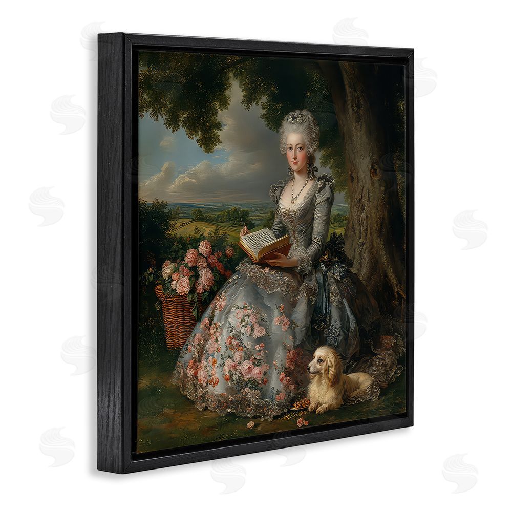 The Wands Want Reading Rococo Lady with Dog Black Floating Frame Canvas Wall Art Print