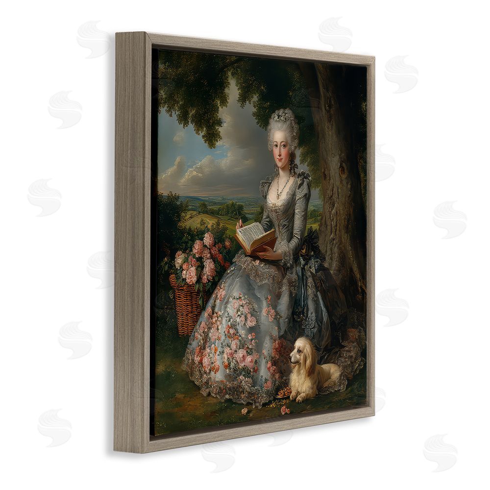 The Wands Want Reading Rococo Lady with Dog Brown Floating Frame Canvas Wall Art Print