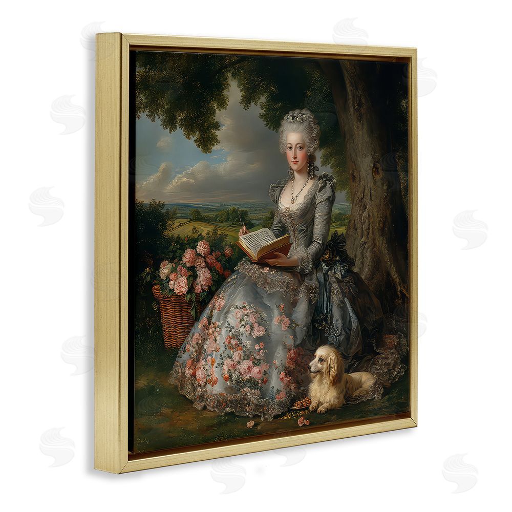 The Wands Want Reading Rococo Lady with Dog Gold Floating Frame Canvas Wall Art Print