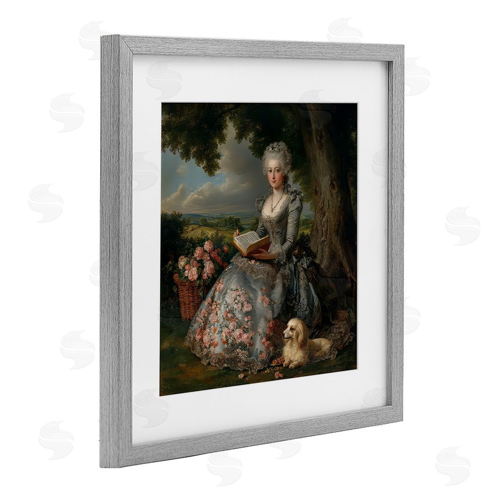 The Wands Want Reading Rococo Lady with Dog Gray Framed Print Under Glass Wall Art