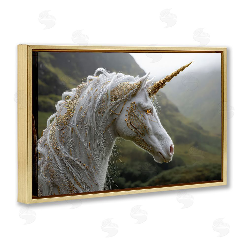 The Wands Want Ornate Celtic Unicorn Gold Floating Frame Canvas Wall Art Print