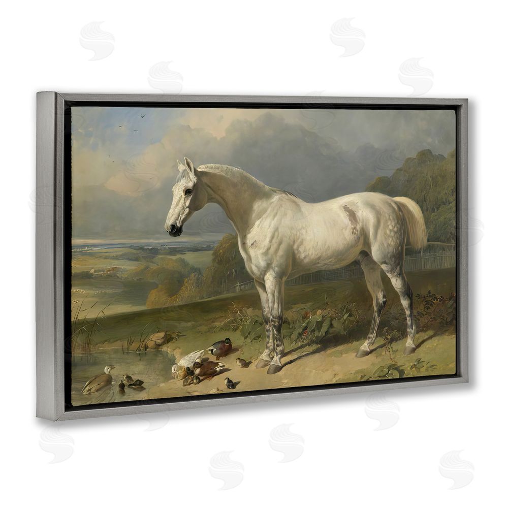 Tina LeCour Grey Horse And Ducks In Landscape Gray Floating Frame Canvas Wall Art Print