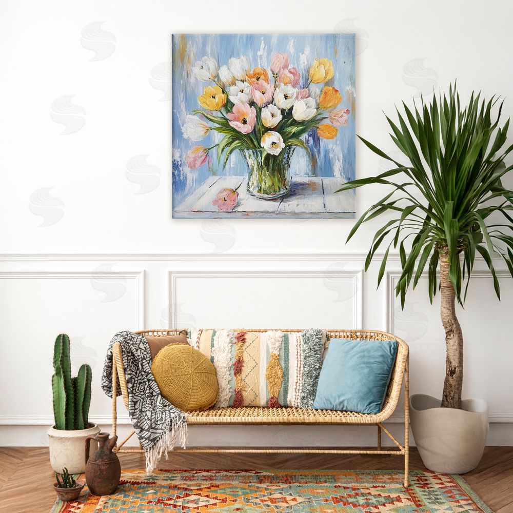 Tina LeCour Her Cottage Garden Tulips Stretched Canvas Wall Art in Room