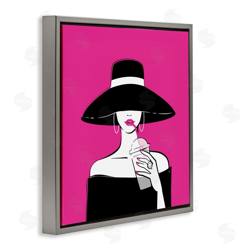 Martina Pavlova Black Hat Glamourous Woman Gray Floating Frame Stretched Canvas Wall Art Print