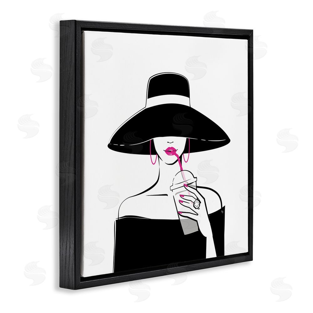 Martina Pavlova Chic Black Hat Sipping Coffee Black Floating Frame Canvas Wall Art Print