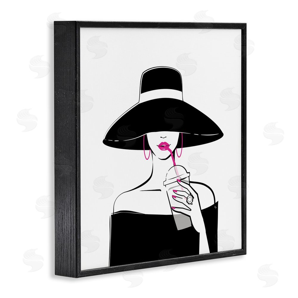 Martina Pavlova Chic Black Hat Sipping Coffee Black Framed Giclee Wall Art Print