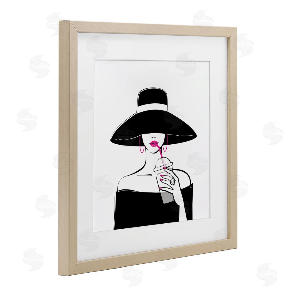Martina Pavlova Chic Black Hat Sipping Coffee Brown Framed Print Under Glass Wall Art