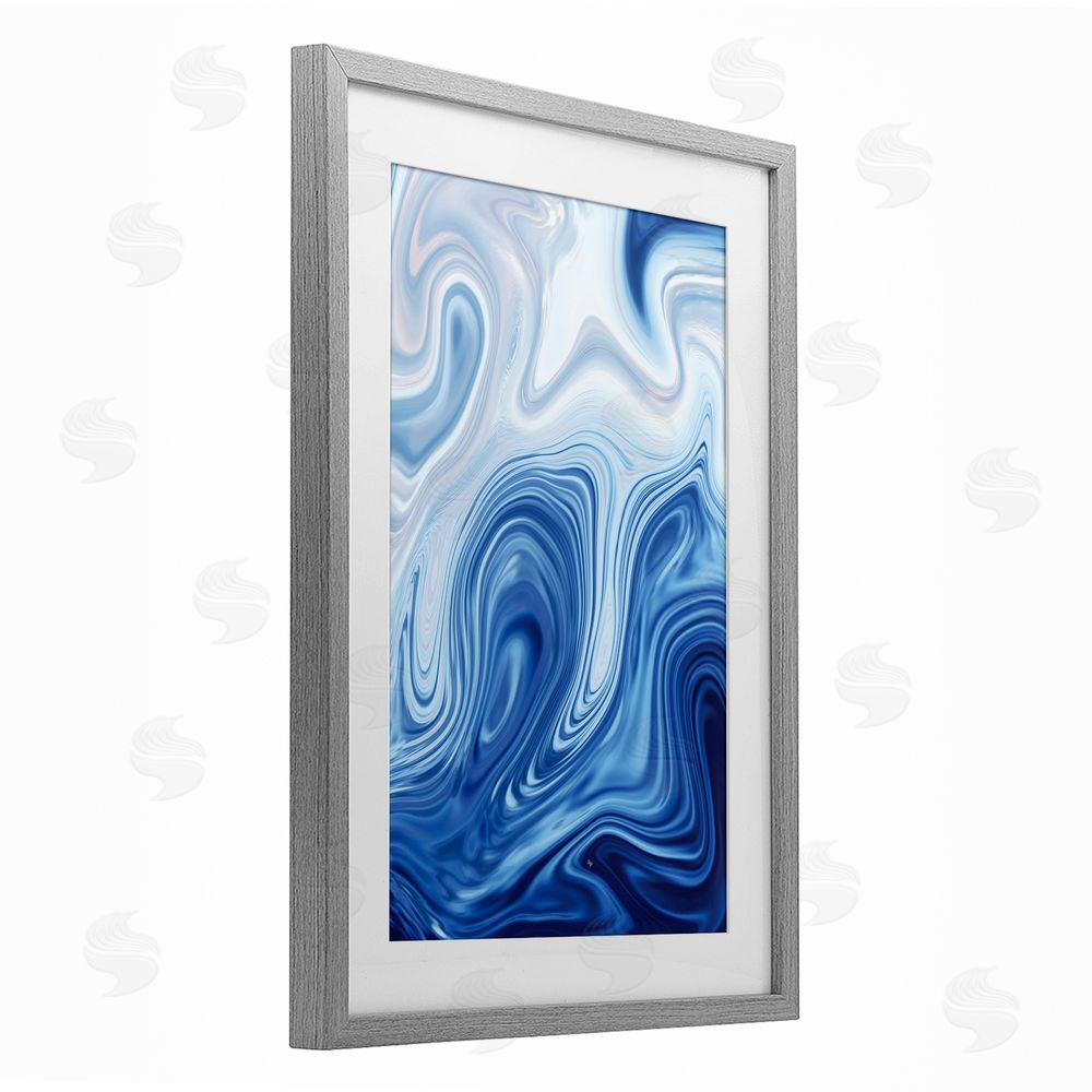 Martina Pavlova Blue Marble Fluidity Gray Framed Print Under Glass with Matting Wall Art