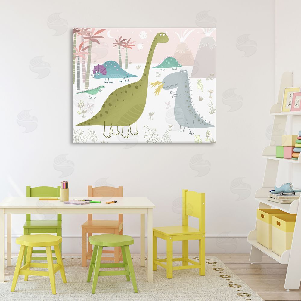 Carla Daly Earthy Jurassic Dinosaurs Stretched Canvas Wall Art in Room