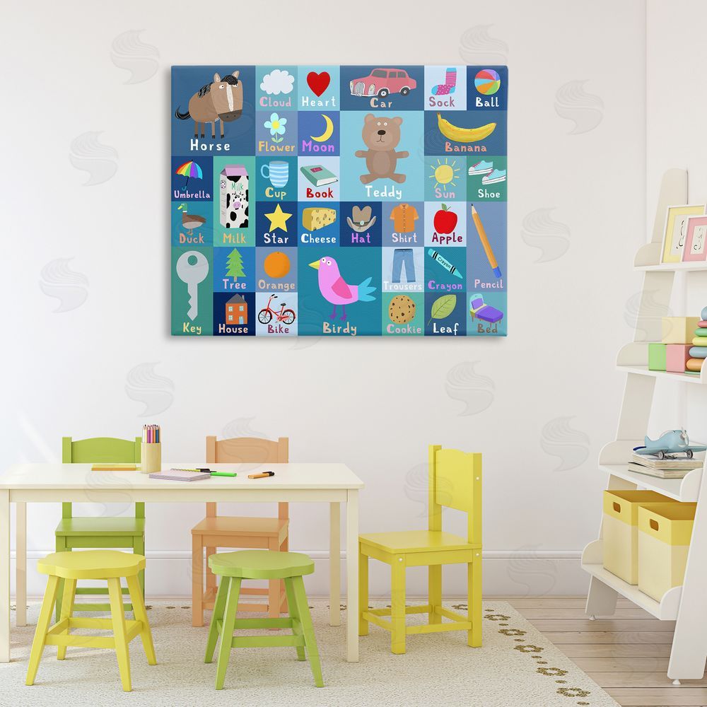 Carla Daly Blue First Words Stretched Canvas Wall Art in Room