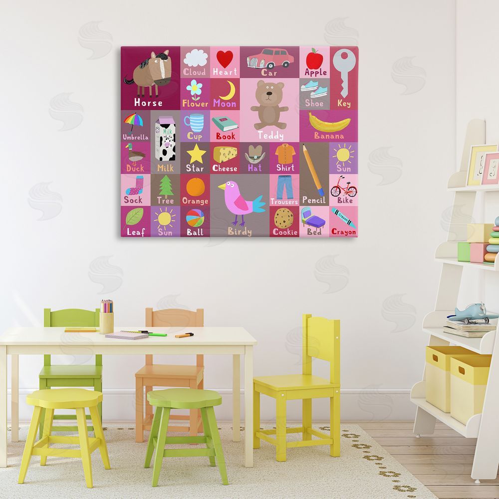 Carla Daly Pink First Words Stretched Canvas Wall Art in Room