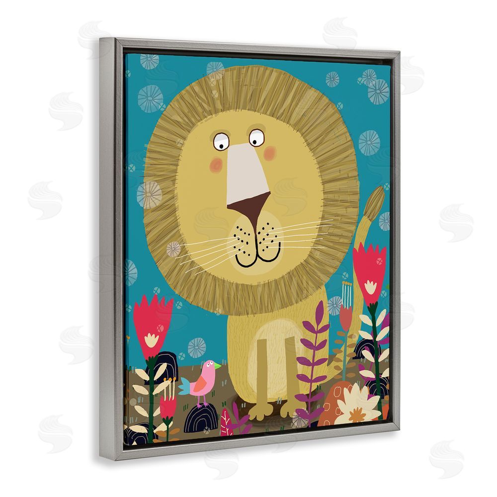 Carla Daly Boho Lion & Flowers Gray Floating Frame Canvas Wall Art Print
