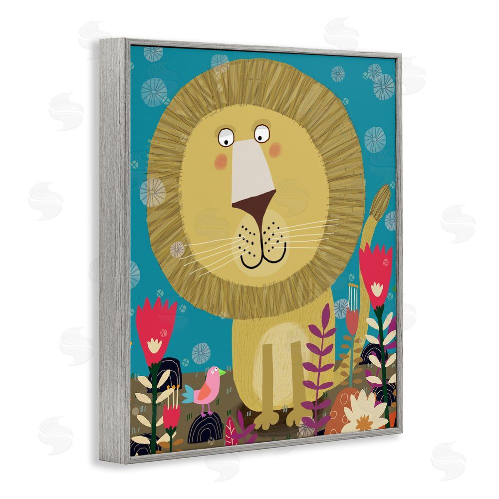 Carla Daly Boho Lion & Flowers Gray Framed Giclee Wall Art Print